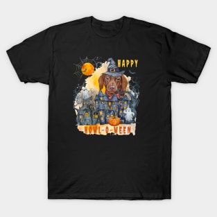 Dachshund Happy Howl-o-ween Ghost Houses Funny Watercolor T-Shirt